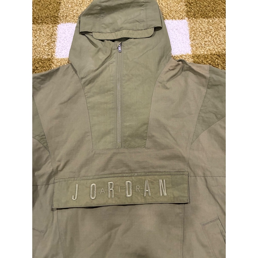 Jordan Mens Olive Green Half Zip Hooded Windbreaker Pullover Jacket Large - Picture 2 of 10